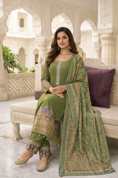 Elegant Printed & Embroidered Straight Suit Set with Pants & Dupatta