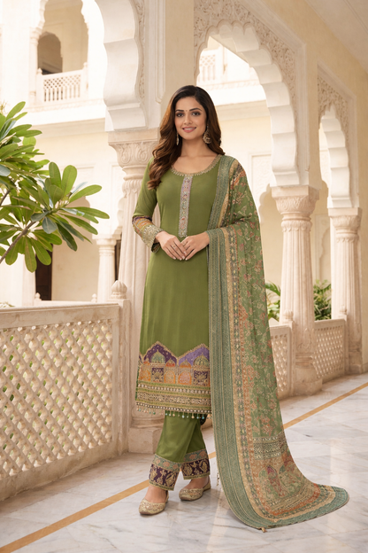 Elegant Printed & Embroidered Straight Suit Set with Pants & Dupatta