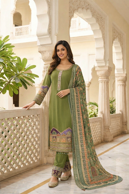 Elegant Printed & Embroidered Straight Suit Set with Pants & Dupatta