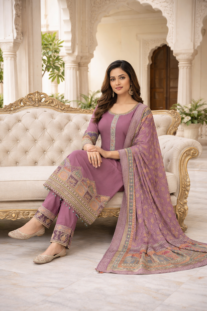 Elegant Printed & Embroidered Straight Suit Set with Pants & Dupatta