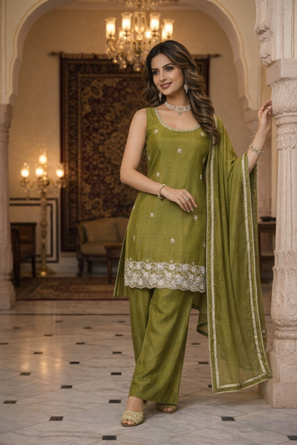 Elegant Beads Work Straight Suit Set with Palazzo & Dupatta