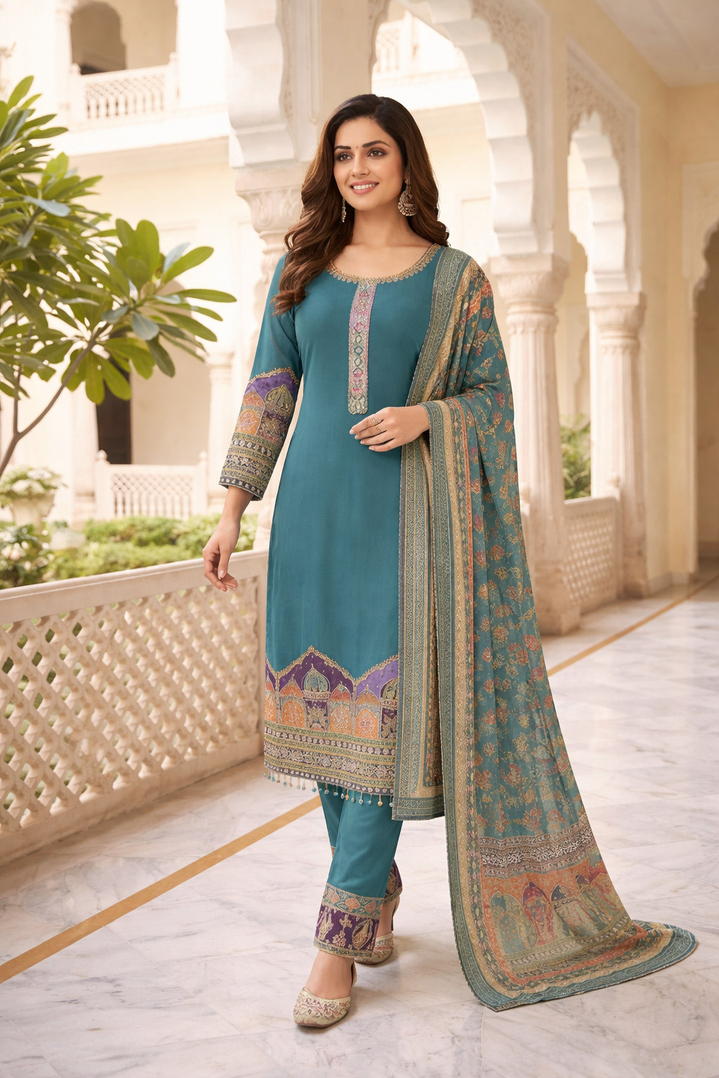 Elegant Printed & Embroidered Straight Suit Set with Pants & Dupatta