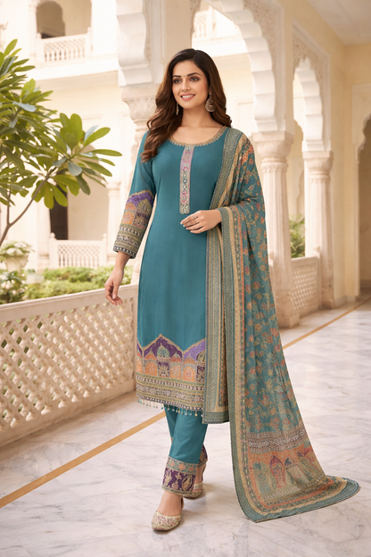 Elegant Printed & Embroidered Straight Suit Set with Pants & Dupatta