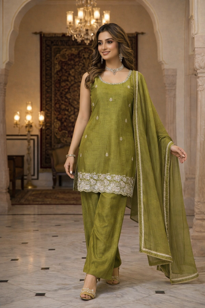 Elegant Beads Work Straight Suit Set with Palazzo & Dupatta