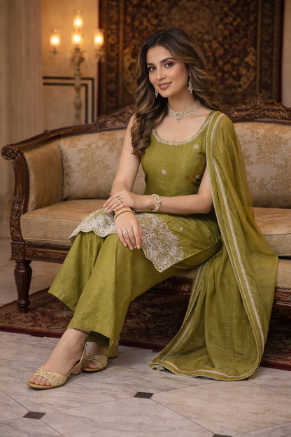 Elegant Beads Work Straight Suit Set with Palazzo & Dupatta