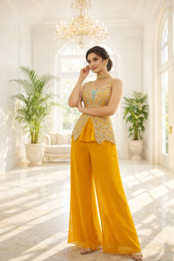 Short Indo Embroidered Top with Palazzo Set