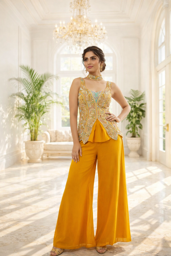 Short Indo Embroidered Top with Palazzo Set