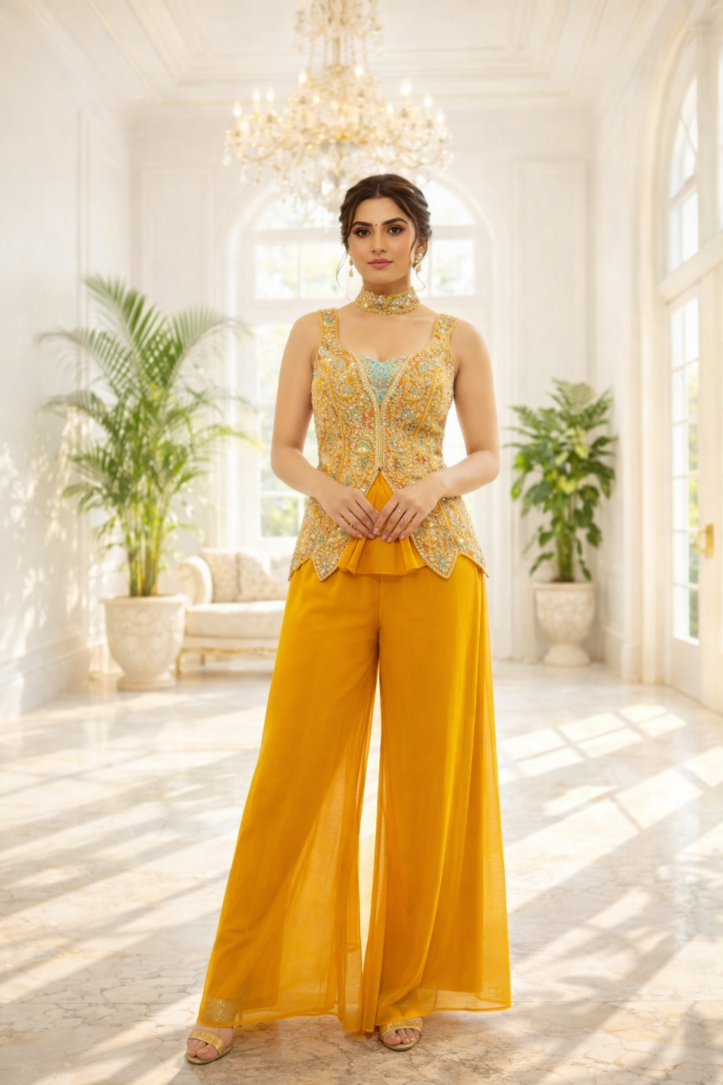 Short Indo Embroidered Top with Palazzo Set
