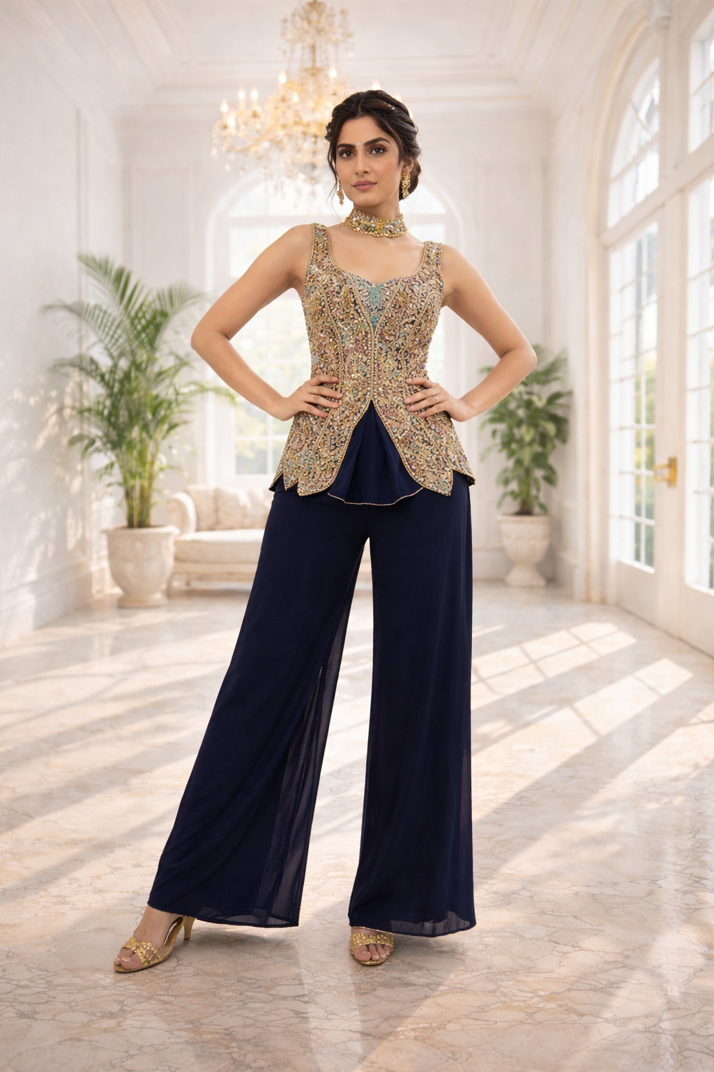 Short Indo Embroidered Top with Palazzo Set