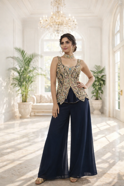 Short Indo Embroidered Top with Palazzo Set