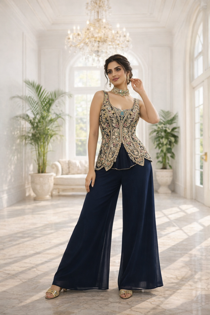 Short Indo Embroidered Top with Palazzo Set