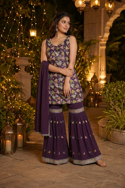 Multi Embroidered Straight Suit with Sharara & Dupatta