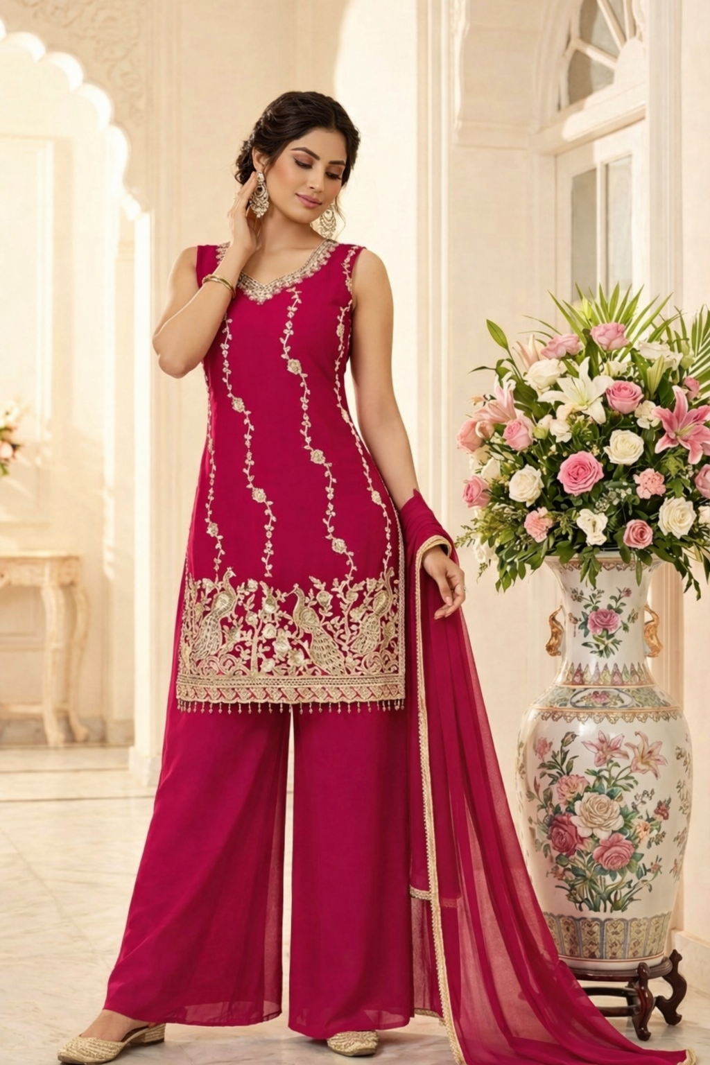 Beads Work Straight Suit with Palazzo & Dupatta