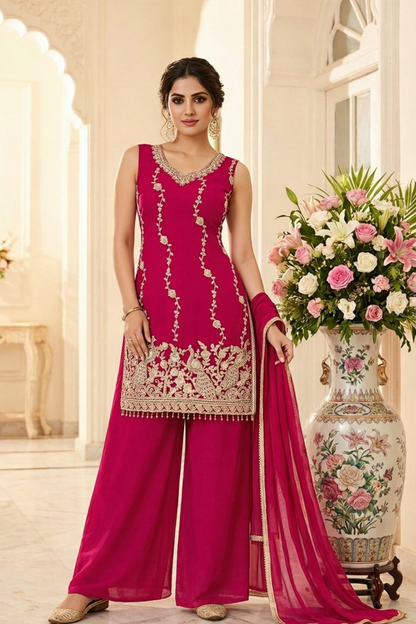 Beads Work Straight Suit with Palazzo & Dupatta