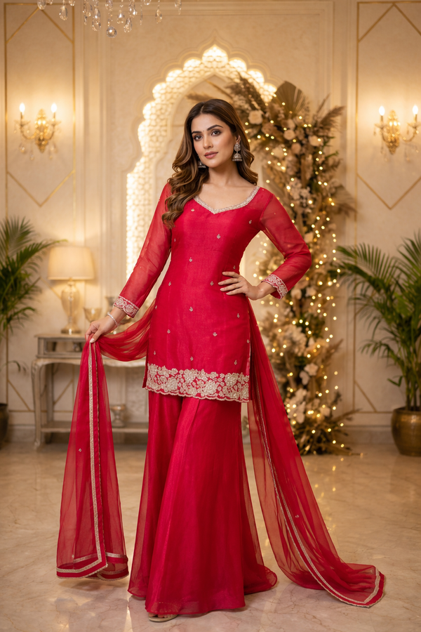 Beads Work Straight Suit with Palazzo & Dupatta