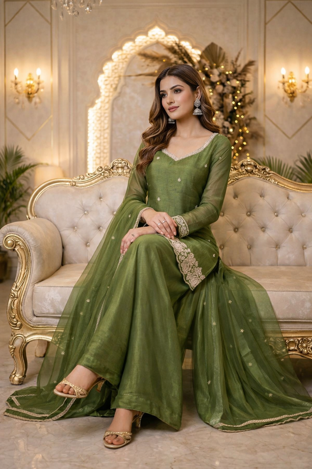 Beads Work Straight Suit with Palazzo & Dupatta