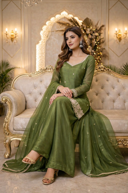 Beads Work Straight Suit with Palazzo & Dupatta