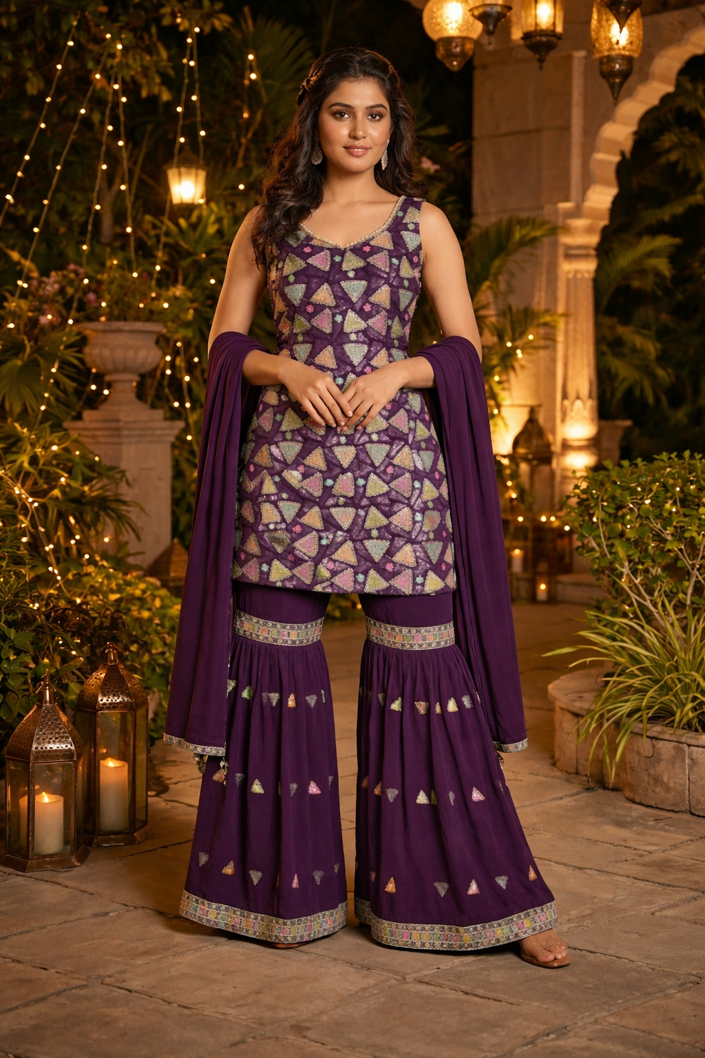 Multi Embroidered Straight Suit with Sharara & Dupatta