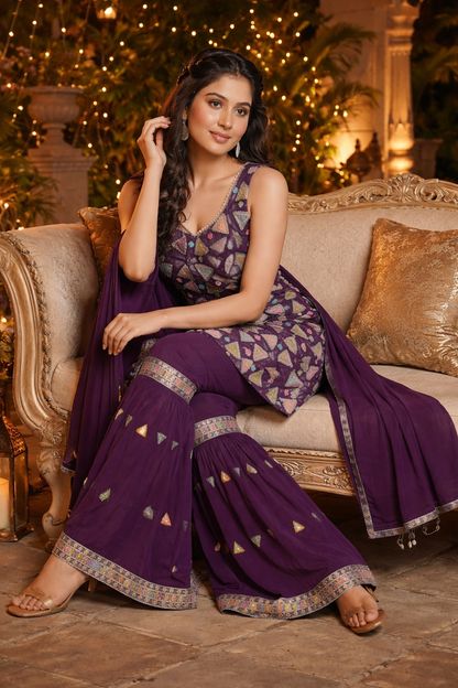 Multi Embroidered Straight Suit with Sharara & Dupatta