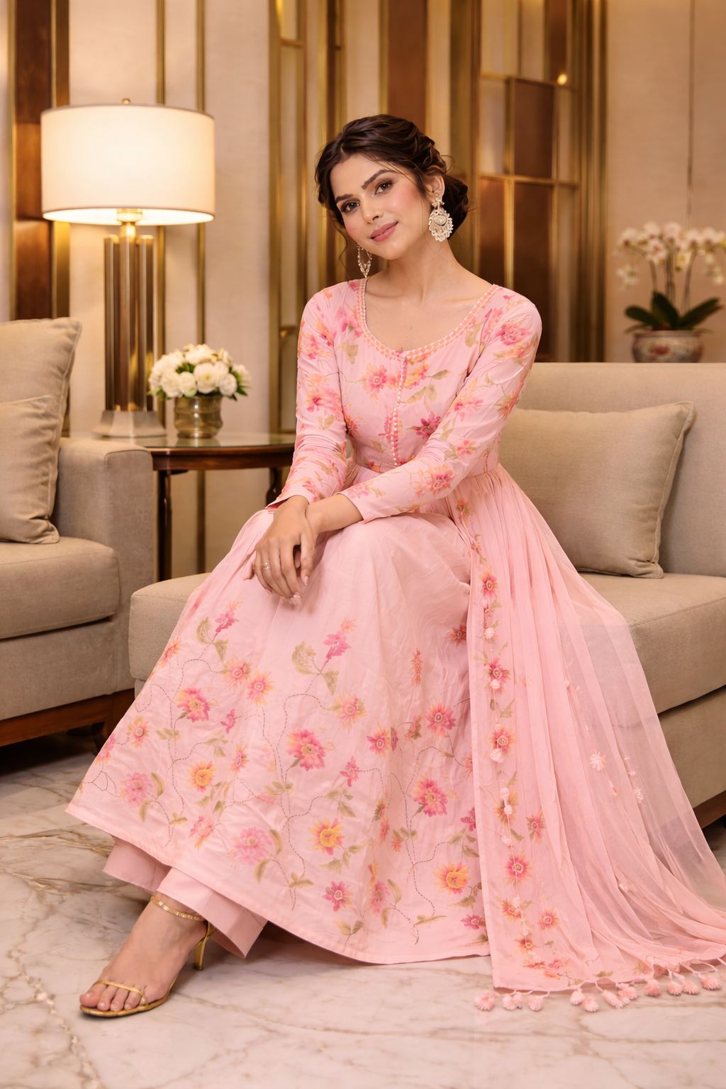 Floral Print Anarkali with Dupatta