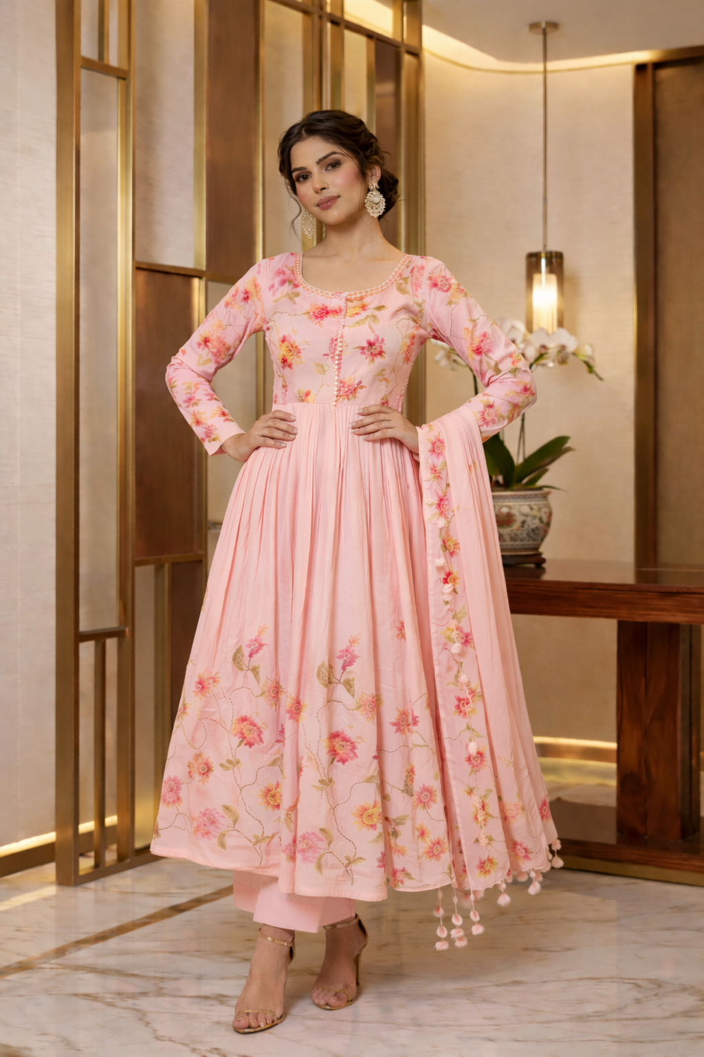 Floral Print Anarkali with Dupatta