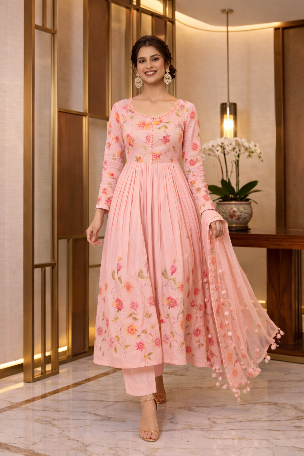Floral Print Anarkali with Dupatta