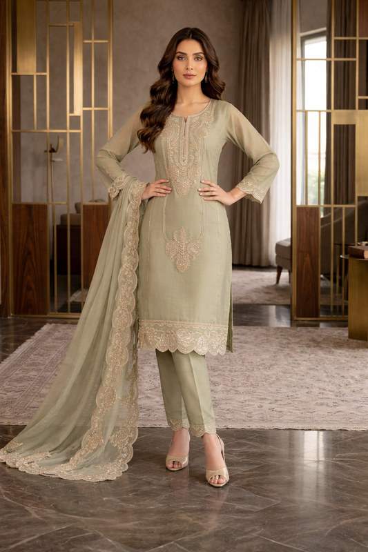 Beats Embroidered Straight Suit with Pant and Dupatta