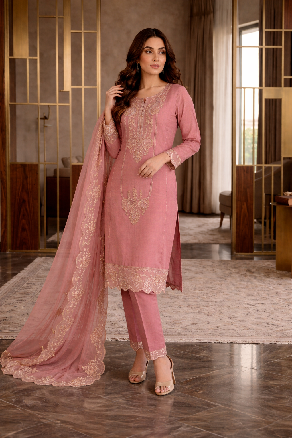 Beats Embroidered Straight Suit with Pant and Dupatta