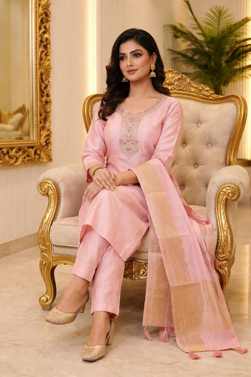 Beautiful Straight Suit with Neck Work, Brocade Dupatta & Pant