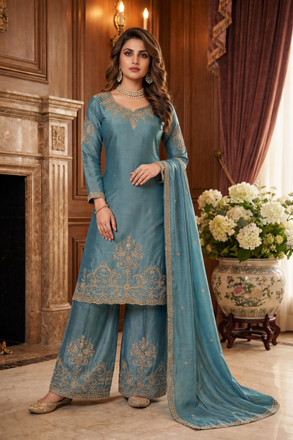 Beats Embroidered Straight Suit with Palazzo & Dupatta
