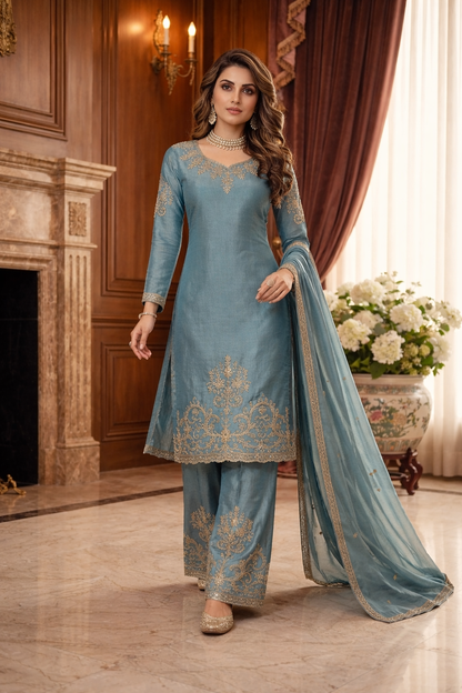Beats Embroidered Straight Suit with Palazzo & Dupatta