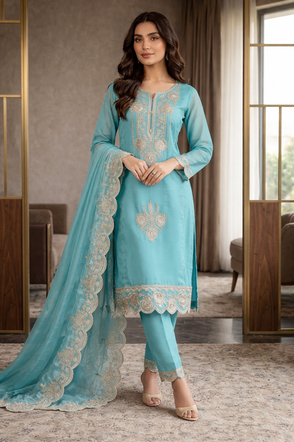 Beats Embroidered Straight Suit with Pant and Dupatta