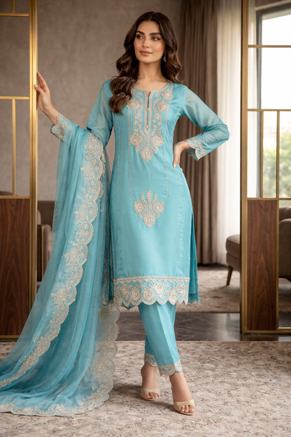 Beats Embroidered Straight Suit with Pant and Dupatta