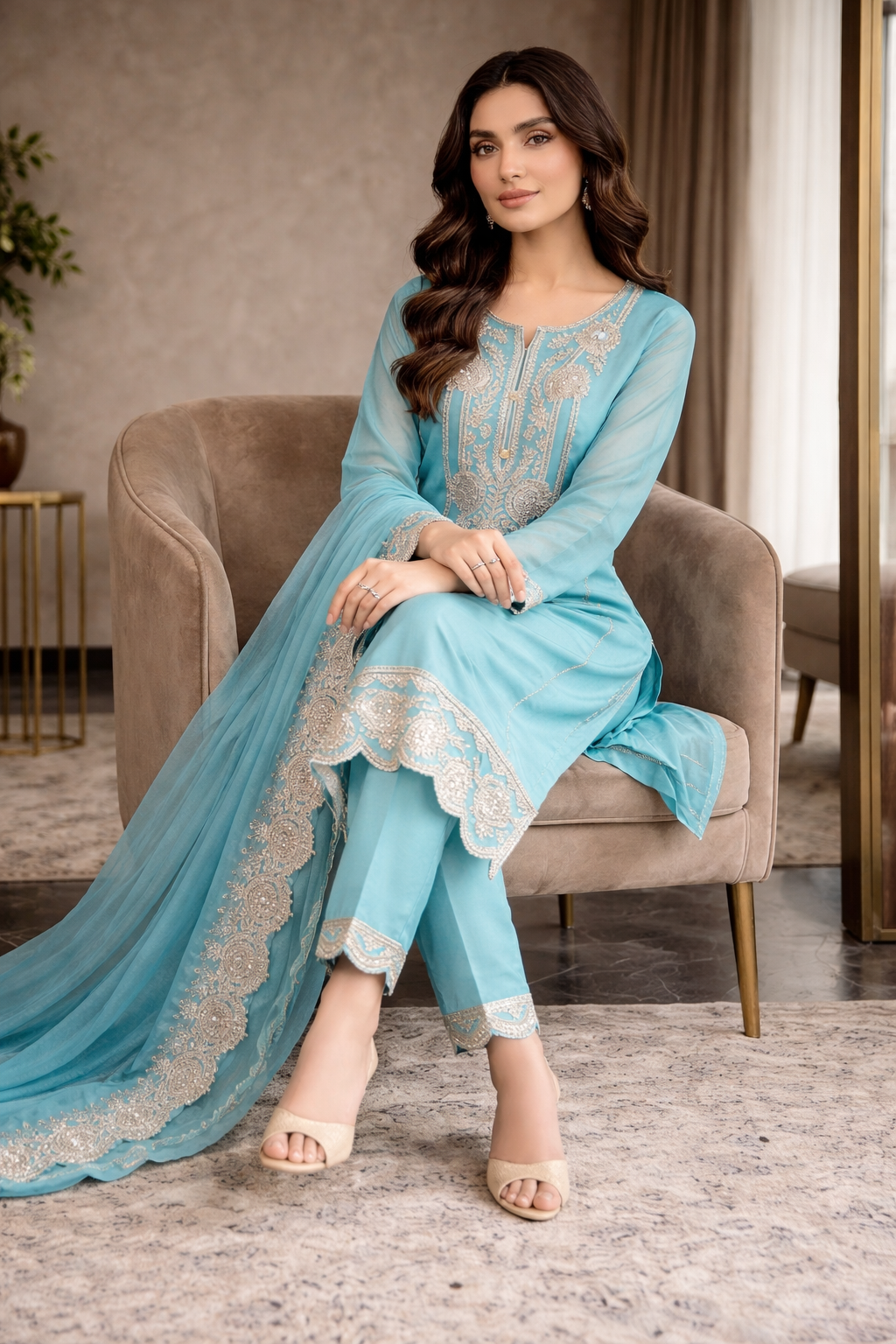Beats Embroidered Straight Suit with Pant and Dupatta