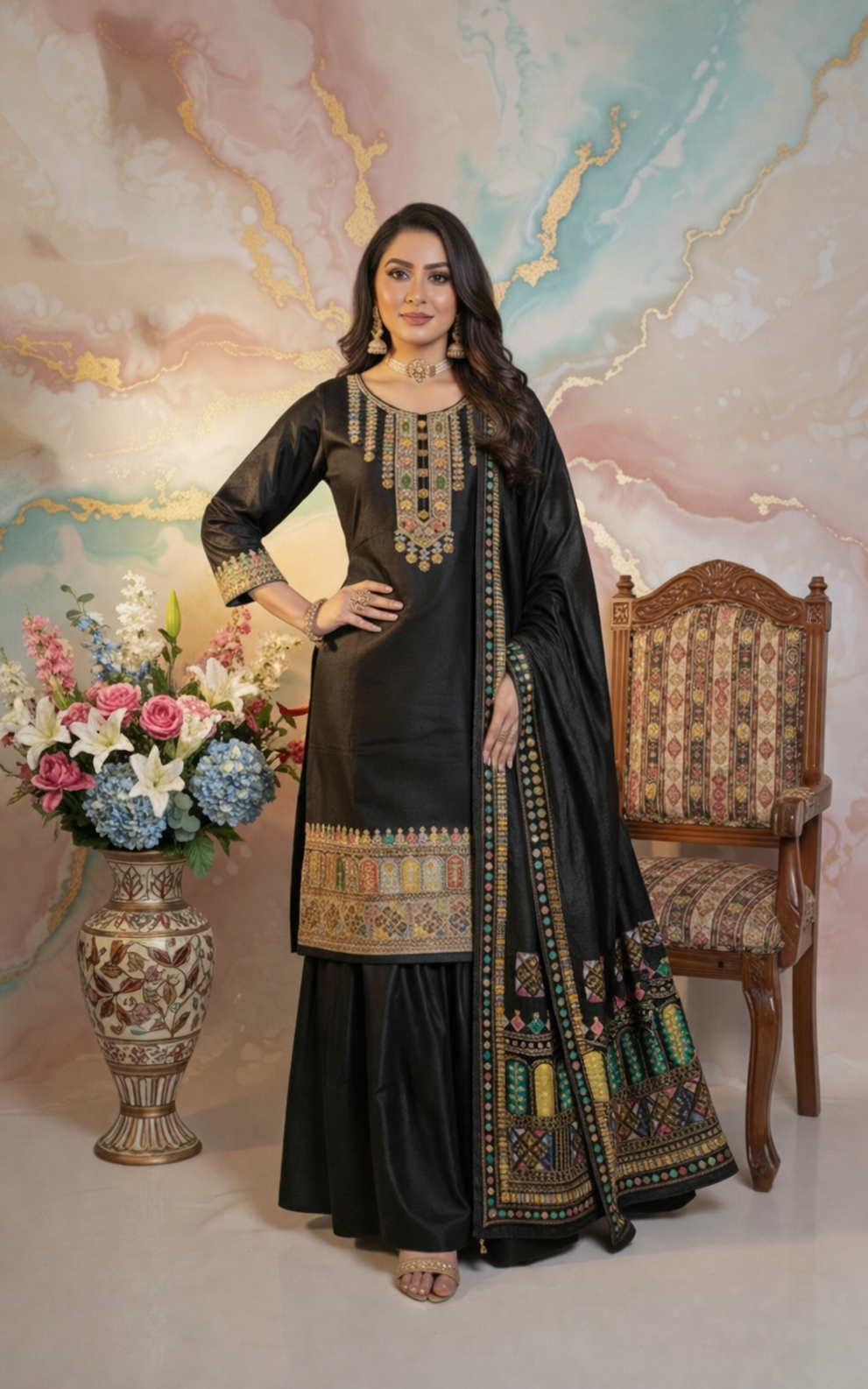 Multi Embroidered Straight Suit with Beads Work, Printed Dupatta & Palazzo Set