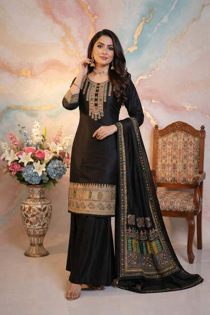 Multi Embroidered Straight Suit with Beads Work, Printed Dupatta & Palazzo Set