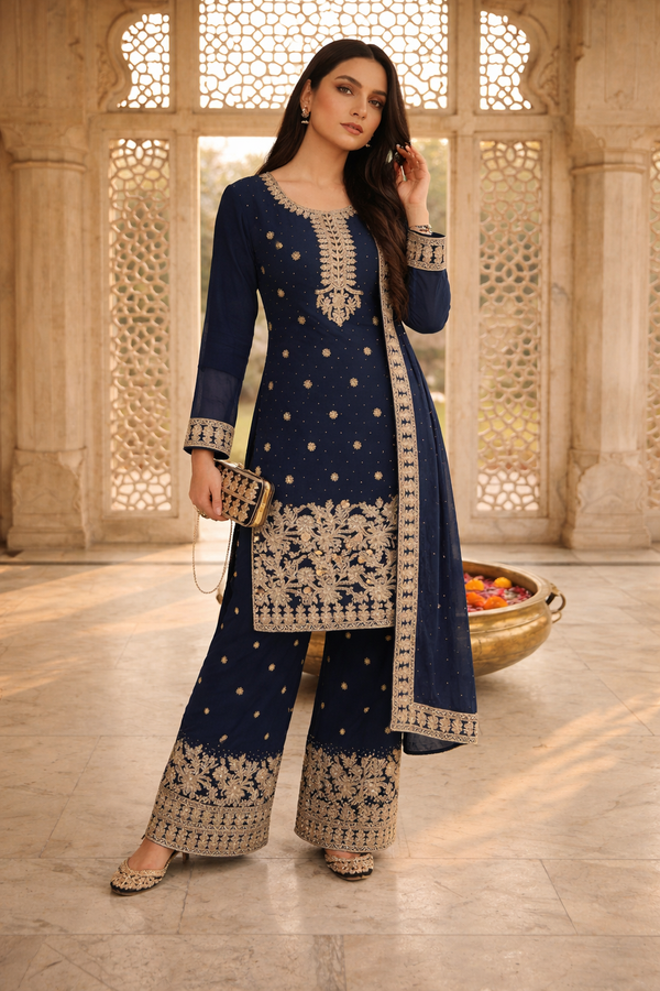 Embroidered Pakistani Suit with Hand Touch - Palazzo & Dupatta Set