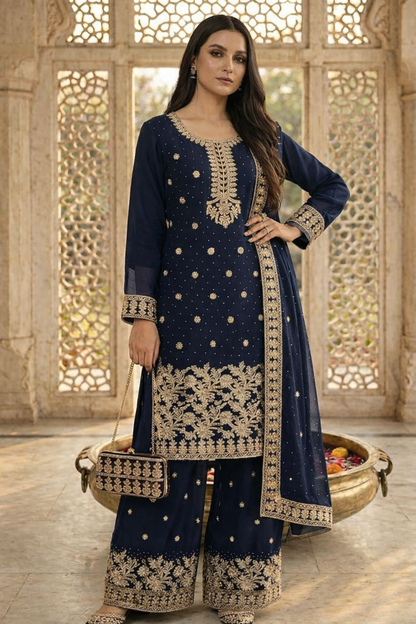 Embroidered Pakistani Suit with Hand Touch - Palazzo & Dupatta Set