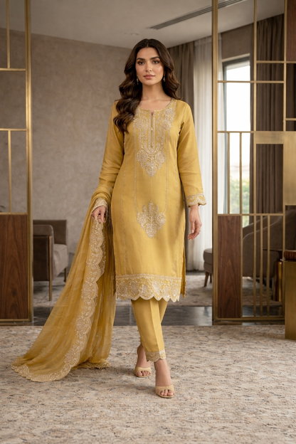 Beats Embroidered Straight Suit with Pant and Dupatta