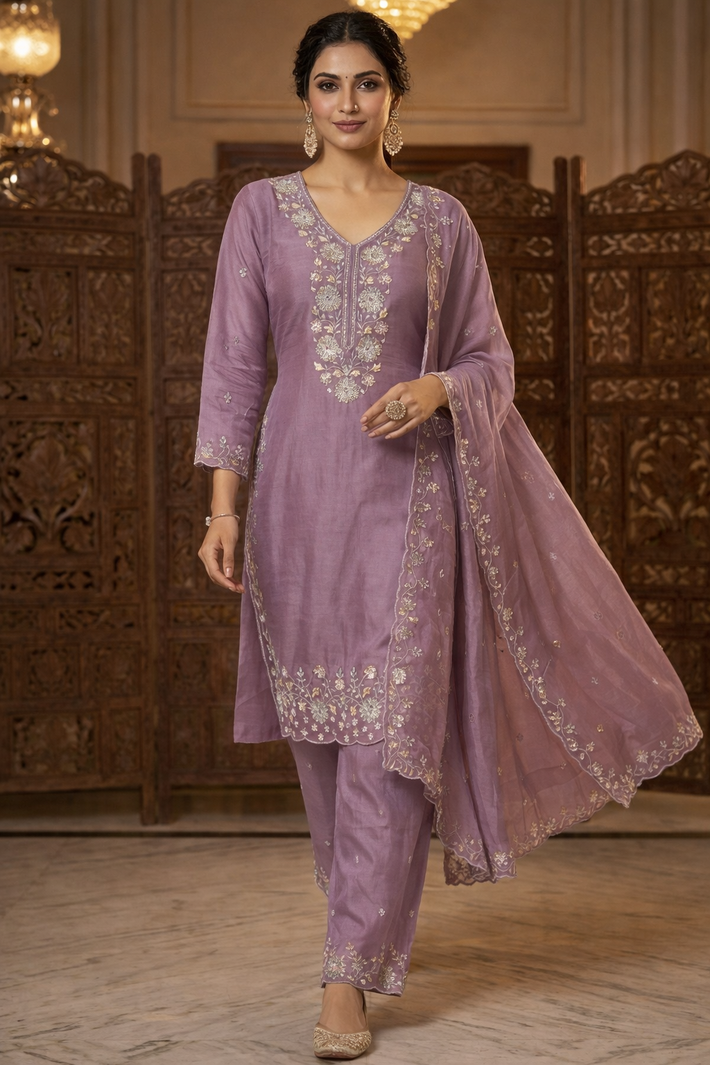Beats Work straight suit with Plazo and dupatta work