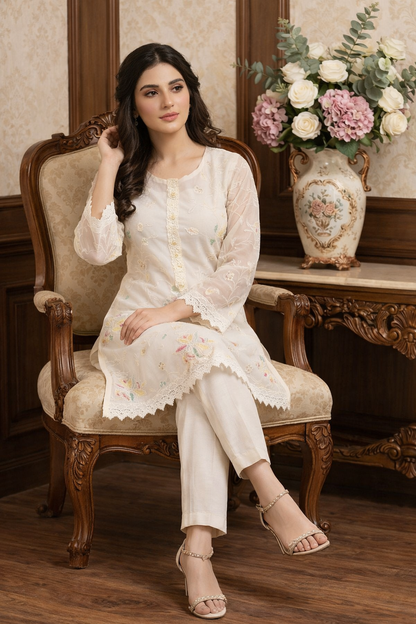 White Embroidered Top with Multi contrast Paired with pant