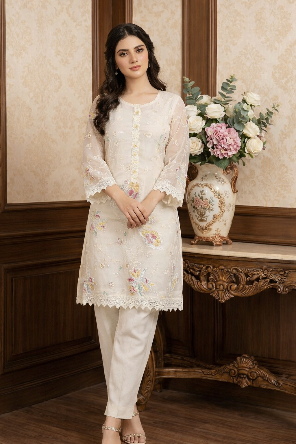 White Embroidered Top with Multi contrast Paired with pant