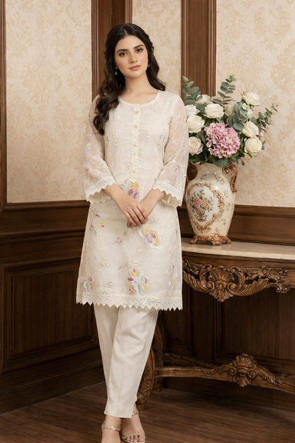 White Embroidered Top with Multi contrast Paired with pant