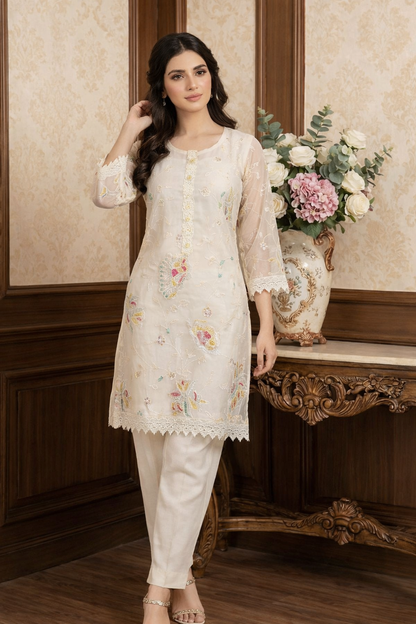 White Embroidered Top with Multi contrast Paired with pant