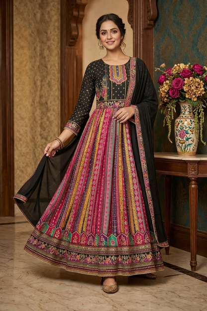 Multi Print Anarkali Suit with Dupatta