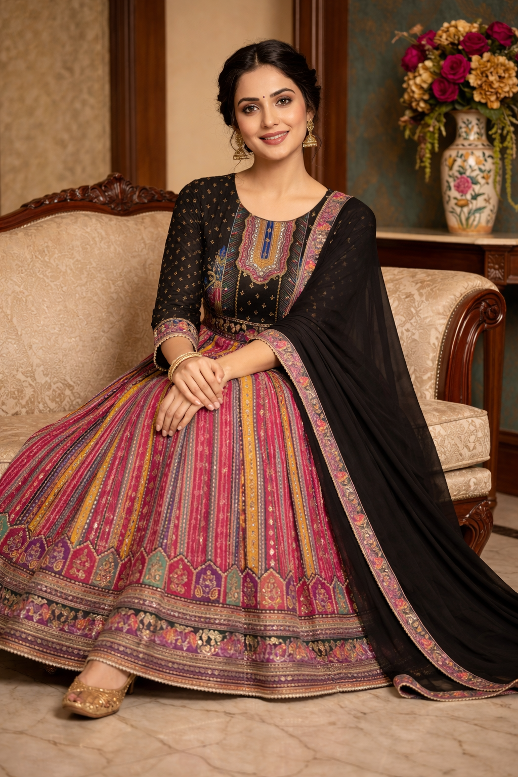 Multi Print Anarkali Suit with Dupatta