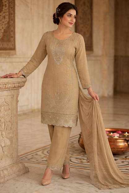 Beats Embroidered Straight Suit with Dupatta and Plazo work
