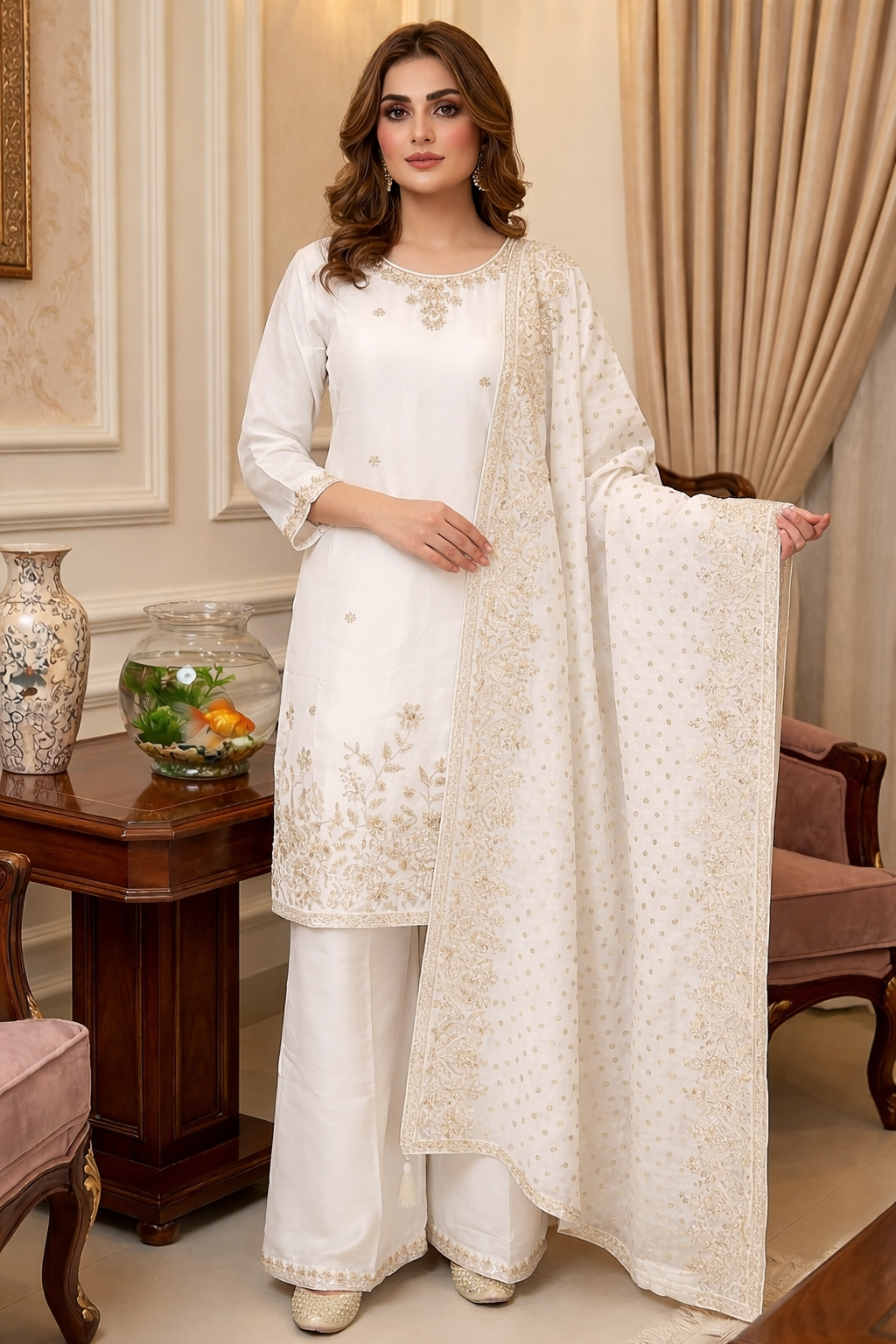Beads Embroidered Straight Suit with Dupatta and Palazzo