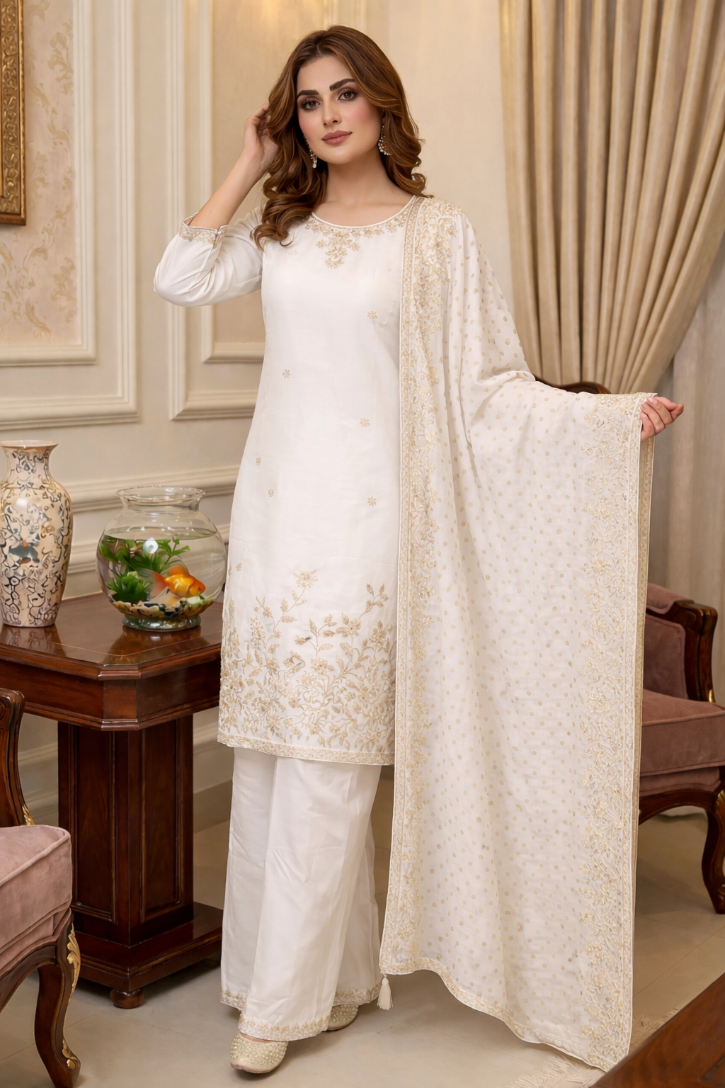 Beads Embroidered Straight Suit with Dupatta and Palazzo