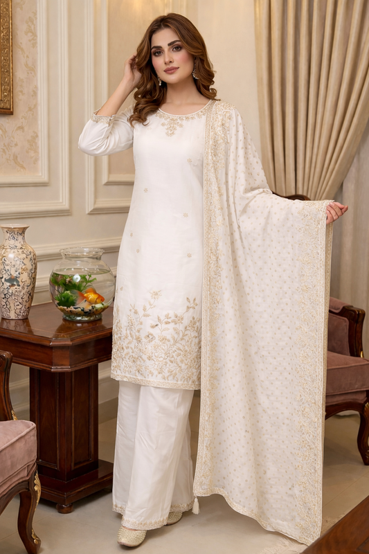 Beads Embroidered Straight Suit with Dupatta and Palazzo